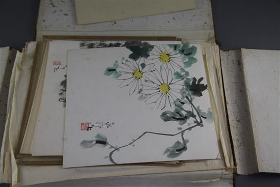 An album of nine Japanese watercolours and a quantity of prints after well known Japanese woodblock print artists, each 27 x 24cm